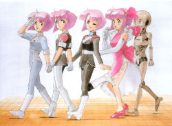 Rule 34 | 5girls, android, black jacket, black pants, boots, breasts, catty, clenched hands, dress, elbow gloves, gall force, gloves, hairband, jacket, multiple girls, multiple persona, official art, one eye closed, open mouth, pants, parted bangs, pilot suit, pink dress, pink hair, pink hairband, salute, short hair, small breasts, smile, sonoda ken&#039;ichi, walking, white footwear, white gloves, white pants, yellow eyes