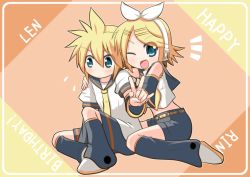 Rule 34 | 1boy, 1girl, \m/, aqua eyes, ascot, blonde hair, blue eyes, brother and sister, headphones, kagamine len, kagamine rin, minami (colorful palette), navel, one eye closed, open mouth, short hair, siblings, sitting, smile, twins, v, vocaloid, wariza, wink