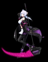 Rule 34 | 1girl, arm behind head, arm up, bare shoulders, black footwear, black gloves, black jacket, black pantyhose, boots, breasts, bright pupils, closers, crop top, fingerless gloves, from side, full body, gloves, highres, holding, holding scythe, holding weapon, jacket, large breasts, long hair, long sleeves, looking at viewer, looking to the side, midriff, miniskirt, mirae (closers), off shoulder, official art, open clothes, open jacket, pantyhose, parted lips, red eyes, scythe, shirt, side ponytail, skirt, sleeveless, sleeveless shirt, solo, weapon, white hair, white shirt, white skirt