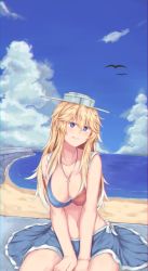 Rule 34 | 10s, 1girl, beach, blonde hair, breasts, cleavage, cloud, day, female focus, hair between eyes, headgear, highres, iowa (kancolle), kantai collection, large breasts, mino kureha, navel, ocean, outdoors, sitting, skirt, sky, solo, star-shaped pupils, star (symbol), swimsuit, symbol-shaped pupils