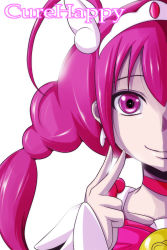 Rule 34 | 10s, 1girl, bloom, bow, character name, choker, cure happy, hair ornament, head wings, highres, hoshizora miyuki, long hair, magical girl, nishi koutarou, out of frame, pink eyes, pink hair, pink theme, portrait, precure, simple background, smile, smile precure!, solo, tiara, twintails, upper body, white background, wings