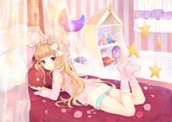 Rule 34 | 10s, 1girl, ass, bed, bed sheet, blonde hair, cagliostro (granblue fantasy), crown, curtains, feet, flat ass, flower, fushimi sameta, granblue fantasy, highres, indoors, long hair, looking at viewer, looking back, lying, no shoes, on bed, on stomach, pajamas, petals, pillow, purple eyes, rose, rose petals, smile, socks, solo, stuffed toy, the pose, window