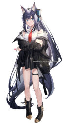 Rule 34 | 1girl, absurdly long hair, animal ear fluff, animal ears, bare legs, bare shoulders, black footwear, black jacket, black skirt, blue eyes, blue hair, boots, breasts, collared shirt, commentary request, coyucom, full body, highres, jacket, long hair, long sleeves, looking at viewer, medium breasts, necktie, off shoulder, open clothes, open jacket, original, parted lips, red necktie, shirt, simple background, sitting, skirt, sleeveless, sleeveless shirt, solo, standing, tail, thigh strap, very long hair, white background, white shirt