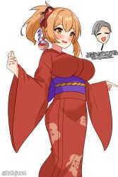 Rule 34 | 1girl, alternate breast size, asymmetrical hair, asymmetrical sidelocks, blonde hair, blush, breasts, chibi, chibi inset, clenched hands, english text, eyelashes, female focus, fingernails, floral print, genshin impact, hair ornament, happy, highres, japanese clothes, kimono, kulo jawa, large breasts, long hair, long sleeves, looking away, mihoyo, nail polish, neck, obi, open mouth, orange eyes, orange nails, orange yukata, outstretched arms, ponytail, print yukata, purple sash, sash, short ponytail, sidelocks, simple background, smile, spread arms, standing, talking, traditional clothes, white background, wide sleeves, yoimiya (genshin impact), yukata