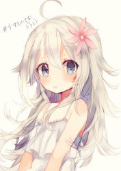 Rule 34 | 1girl, ahoge, bare shoulders, blue eyes, blush, borrowed character, collarbone, dress, eyebrows, flower, frilled dress, frills, gijxgij, hair flower, hair ornament, highres, long hair, looking at viewer, messy hair, original, parted lips, platinum blonde hair, simple background, solo, strap, upper body, white background