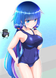 Rule 34 | 1girl, absurdres, bird, blue eyes, blue hair, blue one-piece swimsuit, breasts, collarbone, covered navel, cowboy shot, gradient hair, hair bobbles, hair ornament, highres, large breasts, long hair, low twintails, multicolored hair, neko totora, one-piece swimsuit, purple hair, school swimsuit, shironeko project, solo, standing, swimsuit, towa (shironeko project), twintails