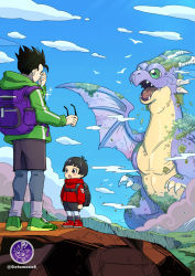 Rule 34 | 1boy, 1girl, :o, artist logo, backpack, bag, black-framed eyewear, black bag, black eyes, black hair, black shorts, blue legwear, blush stickers, child, commentary request, dragon, dragon ball, dragon ball super, dragon ball super super hero, dragonball z, dust, unworn eyewear, father and daughter, glasses, green eyes, green footwear, green jacket, hand on own face, highres, holding, holding removed eyewear, hood, hooded jacket, horns, icarus (dragon ball), jacket, leg warmers, looking at another, looking up, moss, norita (6110885), open mouth, pan (dragon ball), purple bag, red footwear, red jacket, shoes, short hair, shorts, son gohan, spiked hair, standing, tears, twitter username, wings