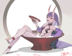 Rule 34 | 1girl, absurdres, alcohol, barefoot, breasts, controlline3, fate/grand order, fate (series), full body, highres, horns, japanese clothes, kimono, looking at viewer, navel, open mouth, purple eyes, purple hair, purple kimono, sake, shuten douji (fate), sitting, skin-covered horns, small breasts, solo, tongue, tongue out