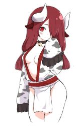 Rule 34 | 1girl, animal ears, animal print, babalilo, bad id, bad twitter id, bell, blush, breasts, choker, cow ears, cow girl, cow horns, cow print, gozu (takuan to batsu no nichijou enmachou), hair over one eye, horns, inactive account, long hair, looking at viewer, navel, neck bell, red eyes, red hair, simple background, sleeves past wrists, solo, takuan to batsu no nichijou enmachou, white background