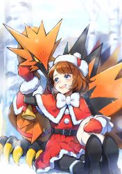Rule 34 | 1girl, belt, black footwear, black pantyhose, blue eyes, blush, bob cut, boots, bow, brown hair, christmas, commentary request, creatures (company), dress, eyelashes, galarian form, galarian zapdos, game freak, gen 8 pokemon, gloria (pokemon), highres, legendary pokemon, mittens, nintendo, open mouth, pantyhose, pokemon, pokemon (creature), pokemon swsh, red dress, red mittens, shinishi chiho, short hair, sitting, smile, snow, teeth, tongue, white bow