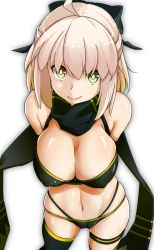 Rule 34 | 1girl, ahoge, arms behind back, bare shoulders, bikini, black bikini, black bow, black scarf, black thighhighs, blonde hair, bow, breasts, bright pupils, cameltoe, cleavage, closed mouth, covered erect nipples, cowboy shot, fate/grand order, fate (series), gluteal fold, hair between eyes, hair bow, highleg, highleg bikini, highres, koha-ace, large breasts, looking at viewer, navel, okita j. souji (fate), okita j. souji (first ascension) (fate), okita souji (fate), pakotaroh, scarf, short hair, simple background, single thighhigh, skindentation, smile, solo, swimsuit, thigh strap, thighhighs, white background, white pupils, yellow eyes