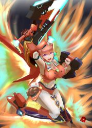 Rule 34 | 1girl, absurdres, alternate form, breasts, chef hat, cleavage, energy wings, flying, gradient hair, green hair, hat, highres, holding, holding shield, holding sword, holding weapon, hololive, hololive english, large breasts, looking up, mecha musume, mechanical wings, multicolored hair, navel, open mouth, pink eyes, shahnmono, shield, solo, sword, takanashi kiara, takanashi kiara (1st costume), virtual youtuber, weapon, wings