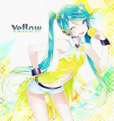 Rule 34 | 1055, 1girl, ;d, bent over, blue eyes, blue hair, cowboy shot, floating hair, food, fruit, hair ornament, hand on own hip, hatsune miku, headphones, headset, highres, holding, holding food, lemon, long hair, micro shorts, microphone, midriff, miniskirt, necktie, one eye closed, open mouth, short necktie, short shorts, shorts, skirt, sleeveless, smile, solo, stomach, twintails, very long hair, vocaloid, white shorts, wrist cuffs