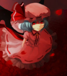 Rule 34 | 1girl, 60mai, bad id, bad pixiv id, bat wings, blue hair, female focus, hat, hat ribbon, jewelry, petals, puffy sleeves, red eyes, remilia scarlet, ribbon, short hair, short sleeves, solo, touhou, wings
