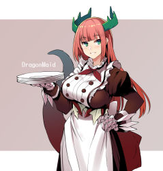 Rule 34 | 1girl, apron, breasts, brown dress, cowboy shot, dragon girl, dragonmaid (yu-gi-oh!), dress, duel monster, gloves, green eyes, green horns, hand on own hip, horns, juliet sleeves, kitchen dragonmaid, large breasts, long hair, long sleeves, looking at viewer, maid, plate, puffy sleeves, purple background, red hair, simple background, smile, solo, standing, tail, tsukinami kousuke, white apron, yu-gi-oh!