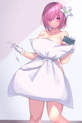 Rule 34 | 1girl, alternate costume, breasts, cleavage, commentary request, fate (series), gloves, hair over one eye, highres, kaneko (bblogtinhan), large breasts, looking at viewer, mash kyrielight, pillow, pillow challenge, pink hair, purple eyes, short hair, solo, standing, white gloves
