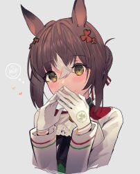 Rule 34 | 1girl, absurdres, animal ears, ascot, blush, brown hair, closed mouth, cropped torso, crossed bangs, fine motion (umamusume), fujiyama ichiha, gloves, grey background, hair bun, hands up, heart, highres, horse ears, horse girl, jacket, long sleeves, own hands together, short hair, simple background, smile, solo, thought bubble, umamusume, upper body, white gloves, white jacket, yellow eyes