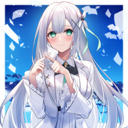 Rule 34 | 1girl, blue sky, closed mouth, cloud, commentary request, day, frilled sleeves, frills, green eyes, grey hair, hair between eyes, hair ornament, highres, jacket, kisaragi yuri, long hair, long sleeves, looking at viewer, pleated skirt, shirt, skirt, sky, smile, solo, symbol-shaped pupils, upper body, very long hair, white jacket, white shirt, white skirt, wide sleeves, x-shaped pupils, x fingers, x hair ornament