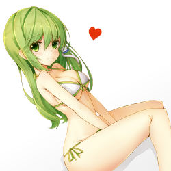 Rule 34 | 1girl, absurdres, alternate costume, between legs, bikini, blush, bow, bow bikini, breasts, cleavage, dutch angle, eyebrows, from side, front-tie bikini top, front-tie top, green bow, green eyes, green hair, hair between eyes, hair ornament, hair tubes, halterneck, hand between legs, heart, highres, if (asita), kochiya sanae, large breasts, long hair, matching hair/eyes, side-tie bikini bottom, simple background, sitting, snake hair ornament, solo, swimsuit, tatapopo, touhou, underboob, white background