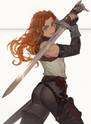 Rule 34 | 1girl, armor, ass, backlighting, belt pouch, black footwear, blue eyes, blush, boots, cowboy shot, dagger, elbow gloves, eyebrow cut, fantasy, female focus, fighting stance, fingerless gloves, fingernails, gloves, grey pants, highres, holding, holding sword, holding weapon, knife, leather armor, lene (morry), long hair, looking at viewer, morry, orange hair, original, pants, pouch, scabbard, scar, scar on face, scar on nose, eyebrow cut, sheath, sheathed, solo, sword, tank top, thick eyebrows, thigh boots, thighhighs, vambraces, weapon, white background