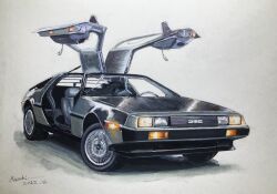 Rule 34 | absurdres, artist name, atelier 634, car, dated, delorean, grey car, gullwing doors, highres, motor vehicle, no humans, original, shadow, signature, simple background, traditional media, vehicle focus, white background