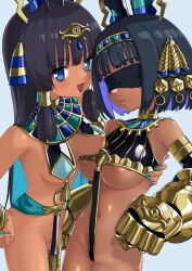 Rule 34 | 2girls, :d, absurdres, ankh, areola slip, arm around back, asymmetrical docking, black hair, blindfold, blue eyes, blue hair, bracelet, breast press, breasts, colored inner hair, commentary request, dark-skinned female, dark skin, egyptian, gauntlets, gold, hair ornament, hairband, hand on own hip, highres, jewelry, long hair, looking at viewer, medium breasts, multicolored hair, multiple girls, navel, no panties, open mouth, original, parted lips, pussy, revealing clothes, shiny clothes, short hair, smile, two-tone hair, underboob, usekh collar, yukisnow10001