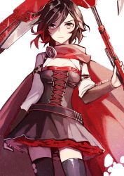 Rule 34 | 1girl, bad id, bad twitter id, cape, commentary request, corset, crescent rose, ecru, grey eyes, red hair, ruby rose, rwby, solo, thighhighs, torn cape, torn clothes, torn thighhighs, twitter username