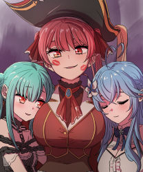 Rule 34 | 3girls, absurdres, ahoge, ascot, bicorne, black dress, black headwear, blouse, blue bow, blue bowtie, blue hair, blush, bodystocking, bow, bowtie, breasts, brooch, chain, cleavage cutout, closed eyes, closed mouth, clothing cutout, collar, commentary, covered navel, cropped jacket, crossed bangs, detached collar, dress, eyelashes, flower, frilled collar, frills, green hair, hair between eyes, hair flower, hair ornament, hair ribbon, hat, heart, heart ahoge, heterochromia, highres, hololive, houshou marine, houshou marine (1st costume), jacket, jangmaseason, jewelry, large breasts, light blue hair, lipstick mark, long hair, looking at viewer, multiple girls, off-shoulder dress, off shoulder, official alternate costume, orange eyes, parted lips, pirate hat, red ascot, red eyes, red hair, red jacket, red ribbon, ribbon, shirt, sidelocks, small breasts, smile, smirk, smug, twintails, upper body, uruha rushia, uruha rushia (3rd costume), virtual youtuber, white shirt, yukihana lamy, yuri