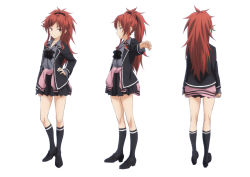 Rule 34 | 10s, 1girl, back, black footwear, blazer, bound, chigusa asuha, clothes around waist, dress shirt, hair ornament, hairclip, jacket, kneehighs, long hair, looking at viewer, open jacket, open clothes, open jacket, ponytail, qualidea code, red eyes, red hair, school uniform, shirt, shoes, simple background, skirt, socks, solo, standing, sweater, sweater around waist, tied up, white background, wide ponytail