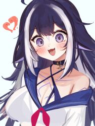 Rule 34 | 1girl, absurdres, ahoge, animal ears, belt collar, bikini, bikini under clothes, black collar, black hair, blue bikini, blue sailor collar, blush, body markings, breasts, cleavage, collar, facial mark, fang, halterneck, heart, heart ahoge, highres, indie virtual youtuber, large breasts, looking at viewer, multicolored hair, open mouth, purple eyes, sailor collar, school uniform, see-through, see-through shirt, serafuku, shirt, shylily, shylily (1st costume), skin fang, sky above me, smile, solo, streaked hair, swimsuit, virtual youtuber, white hair, white serafuku, white shirt