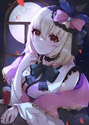 Rule 34 | 1girl, absurdres, blonde hair, blush, bow, champagne flute, cup, dated, drinking glass, full moon, hair bow, highres, hirasawa izumi, indoors, long sleeves, looking at viewer, moon, original, petals, red eyes, smile, solo, twitter username, window