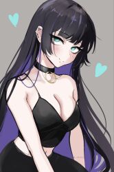 Rule 34 | 1girl, black camisole, black choker, black hair, blue eyes, blush, bocchi the rock!, breasts, camisole, choker, ear piercing, earrings, eyelashes, grey background, jewelry, large breasts, lip piercing, long hair, looking at viewer, miaru, multicolored hair, navel piercing, pa-san, piercing, purple hair, seductive smile, sidelocks, smile, solo, two-tone hair