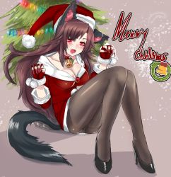 Rule 34 | 1girl, alternate costume, animal ears, bell, blush, breasts, brown hair, choker, christmas, christmas tree, cleavage, dress, fangs, fingerless gloves, fingernails, full body, gloves, hat, high heels, imaizumi kagerou, jewelry, large breasts, legs, long fingernails, long hair, long sleeves, looking at viewer, merry christmas, nail polish, open mouth, panties, pantyhose, panzer (p.z), pom pom (clothes), red dress, red eyes, red gloves, santa costume, santa hat, see-through, short dress, simple background, sitting, smile, solo, tail, text focus, touhou, underwear, wolf ears, wolf tail