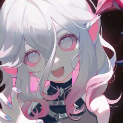 Rule 34 | 1girl, black background, blue nails, briar (league of legends), colored skin, fingernails, gradient background, grey hair, hair between eyes, highres, league of legends, long hair, looking at viewer, multicolored hair, nail polish, no pupils, open mouth, pink hair, pointy ears, sharp teeth, simple background, smile, solo, streaked hair, teeth, two-tone hair, upper body, vampire, vimomo, white eyes