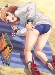 Rule 34 | 1girl, :d, ass, beach, bob cut, brown eyes, brown hair, clothes pull, competition school swimsuit, crawling, hair between eyes, highres, hood, hood down, hoodie, kantai collection, legs, one-piece swimsuit, one-piece swimsuit pull, open mouth, outdoors, school swimsuit, shoes, short hair, smile, solo, swimsuit, swimsuit under clothes, thighs, yukikaze (kancolle), yuugao