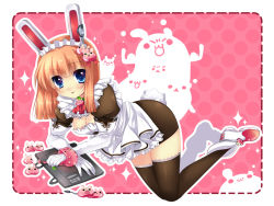 Rule 34 | 1girl, :p, animal ears, bad id, bad pixiv id, blue eyes, breasts, rabbit ears, cleavage, duji amo, maid, solo, thighhighs, tongue, tongue out, wallpaper