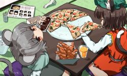 Rule 34 | 2girls, ^ ^, animal ear fluff, animal ears, brown hair, capelet, cat ears, cat tail, chen, chicken (food), closed eyes, commentary request, cup, drinking, eating, food, fried chicken, from above, ga-chan (kokonattusoul), green hat, grey hair, hand up, hat, highres, holding, holding cup, holding food, holding pizza, juice, long sleeves, mob cap, mouse ears, mouse tail, multiple girls, multiple tails, nazrin, nekomata, orange juice, petticoat, phone, pillow, pizza, profile, receipt, red eyes, red skirt, red vest, short hair, signature, sitting, skirt, skirt set, table, tail, touhou, two tails, vest, wariza