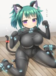 Rule 34 | 1girl, animal ear fluff, animal ears, bashou (senran kagura), black bodysuit, blush, bodysuit, bow, breasts, cat ears, cat girl, cat tail, closed mouth, commentary request, full body, gantz, green hair, highres, large breasts, lets0020, looking at viewer, medium bangs, on floor, paw pose, purple eyes, red bow, senran kagura, short hair, sitting, smile, solo, tail, tail bow, tail ornament, translation request, two side up, wariza