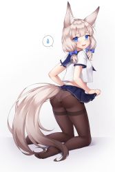 Rule 34 | 1girl, animal ear fluff, animal ears, ass, bad id, bad pixiv id, blue bow, blue eyes, blue sailor collar, blue skirt, blush, bow, brown background, commentary, english commentary, full body, hair bow, highres, light brown hair, looking at viewer, looking to the side, no shoes, open mouth, original, panties, panties under pantyhose, pantyhose, pleated skirt, pong (vndn124), sailor collar, school uniform, serafuku, shirt, short sleeves, skirt, soles, solo, spoken sweatdrop, star-shaped pupils, star (symbol), sweatdrop, symbol-shaped pupils, tail, tears, thighband pantyhose, thighs, underwear, white shirt