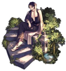 Rule 34 | 1boy, artist request, bamboo, black hair, black kimono, crossed legs, unworn eyewear, game cg, glasses, hand in own hair, highres, holding, holding removed eyewear, japanese clothes, kimono, mahjong soul, male focus, official art, saitou osamu, sandals, simple background, sitting, solo, stone lantern, third-party source, transparent background, yostar