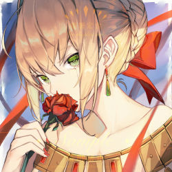 Rule 34 | 1girl, ahoge, blonde hair, bow, braid, close-up, collarbone, commentary request, covering own mouth, crying, earrings, fanshu, fate/grand order, fate (series), flower, green eyes, hair bow, hair ornament, highres, holding, holding flower, jewelry, looking at viewer, nail polish, nero claudius (fate), nero claudius (fate) (all), nero claudius (fate/extra), nero claudius (formal dress) (fate), official alternate costume, red bow, red flower, red nails, red rose, rose, sample watermark, short hair, sidelocks, solo, streaming tears, tears, watermark