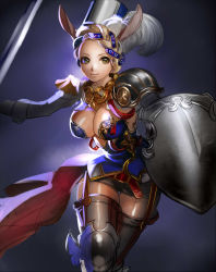 Rule 34 | 1girl, aki zake, animal ears, armor, blonde hair, breasts, cleavage, feathers, hat, highres, large breasts, original, shield, short hair, solo, sword, thighhighs, weapon