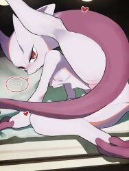 Rule 34 | ..., 1girl, animal feet, arm support, blush, breasts, closed mouth, colored skin, completely nude, creatures (company), embarrassed, feet, female focus, furry, furry female, game freak, gen 1 pokemon, grey skin, head tail, heart, indoors, kneepits, leg up, legendary pokemon, legs, looking at viewer, lying, mega mewtwo y, mega pokemon, mewtwo, multicolored skin, nintendo, nipples, nose blush, nude, on bed, on side, partially visible vulva, pokemon, pokemon (creature), purple skin, red eyes, small breasts, solo, speech bubble, spoken ellipsis, spread legs, tail, tail censor, thighs, two-tone skin, ura menu