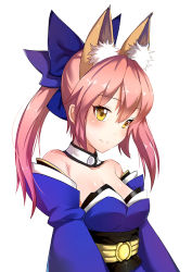 Rule 34 | 10s, 1girl, animal ears, blush, breasts, cleavage, detached sleeves, fate/extra, fate/grand order, fate (series), fox ears, hair ribbon, hyk0806, japanese clothes, md5 mismatch, pink hair, ribbon, simple background, solo, tamamo no mae (fate/extra), white background, yellow eyes