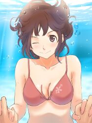 Rule 34 | 1girl, air bubble, amagami, bikini, breasts, brown eyes, brown hair, bubble, closed mouth, collarbone, front-tie bikini top, front-tie top, highres, holding hands, looking at viewer, medium breasts, one eye closed, pov, pov hands, red bikini, sakurai rihoko, short hair, solo focus, swimsuit, takenoko saba otto, underwater, underwear, upper body, v-shaped eyebrows, water