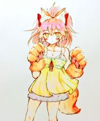 Rule 34 | 1girl, animal ear fluff, animal ears, animal hands, bare shoulders, bow, breasts, claws, cleavage, closed mouth, collarbone, commentary request, dango1and, dress, expressionless, fate/grand order, fate (series), fox ears, fox girl, fox tail, hair between eyes, hair bow, long hair, looking at viewer, medium breasts, pink hair, ponytail, red bow, red ribbon, ribbon, sidelocks, simple background, sleeveless, slit pupils, solo, standing, tail, tamamo (fate), tamamo cat (fate), traditional media, yellow dress, yellow eyes
