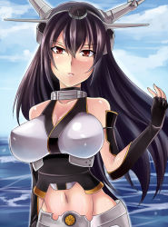 Rule 34 | 10s, 1girl, bare shoulders, black hair, breasts, cleavage, elbow gloves, female focus, fingerless gloves, gloves, hairband, headgear, kantai collection, large breasts, long hair, looking at viewer, midriff, nagato (kancolle), navel, nishida megane, red eyes, solo