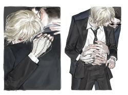 Rule 34 | 2boys, arms around waist, belt, black hair, black jacket, black neckwear, black pants, black suit, blonde hair, chain, collared shirt, couple, cowboy shot, facing away, formal, from behind, hand on another&#039;s hand, head on another&#039;s shoulder, hidden face, highres, hug, hug from behind, hunter x hunter, jacket, jewelry, kurapika, leorio paladiknight, long sleeves, looking at another, looking back, loose necktie, male focus, multiple boys, multiple views, necktie, pants, red eyes, ring, round eyewear, shirt, short hair, standing, suit, sunglasses, thumb ring, umi (k mpk), upper body, white shirt, yaoi
