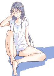 Rule 34 | 1girl, amekawa setsu, bad id, bad twitter id, blue hair, blue panties, closed mouth, commentary, hair between eyes, hand in own hair, highres, long hair, love live!, love live! school idol project, one eye closed, panties, shirt, simple background, sitting, solo, sonoda umi, underwear, white background, white shirt