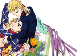 Rule 34 | 2boys, arm up, bad id, bad pixiv id, black eyes, blonde hair, braid, earrings, flower, floweringheart, from side, giorno giovanna, guido mista, hand on another&#039;s shoulder, hat, jewelry, jojo no kimyou na bouken, long sleeves, looking at viewer, lotus, lying, male focus, midriff, multiple boys, on back, plant, stud earrings, tulip, vento aureo, vines, yellow eyes